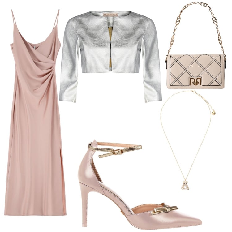 Outfit donna - Colori tenui per un battesimo. Stile Bon Ton per Cerimonia. Abbinamento con bolero, décolleté, borse a tracolla, vestiti midi/longuette, ciondoli.