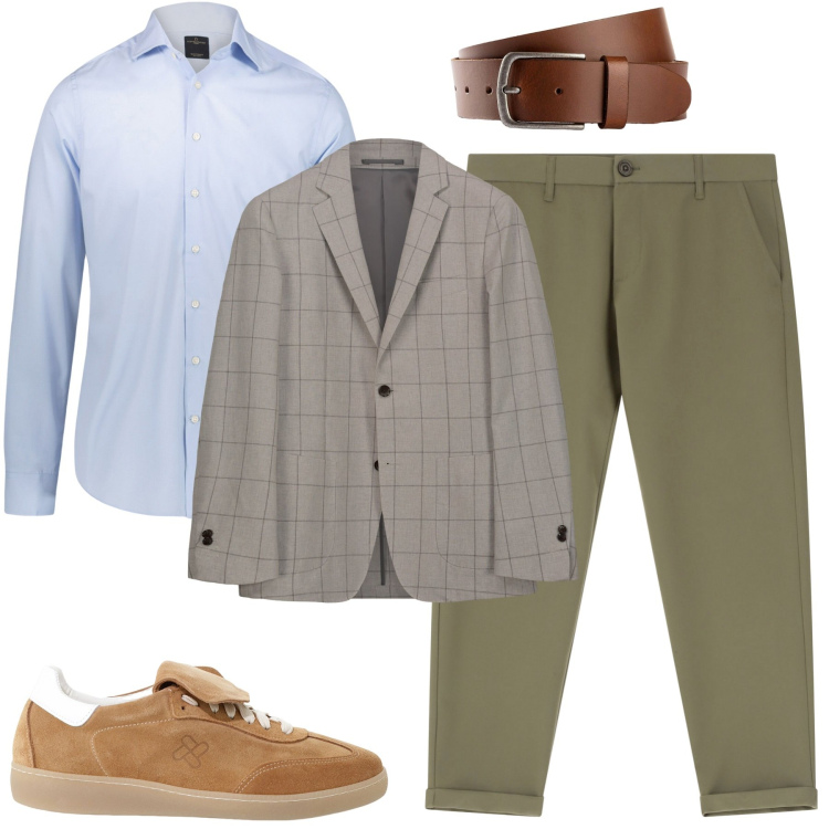 Outfit uomo - Fall. Stile Urban per Tutti i giorni. Abbinamento con cinture, sneakers, pantaloni chino, camicie, giacche.