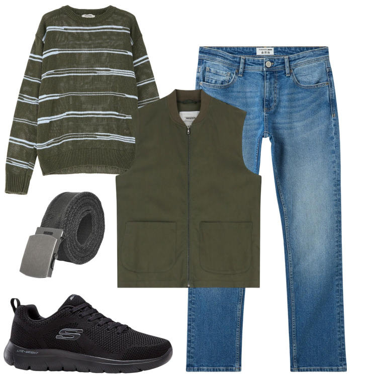 Outfit uomo - Settembre. Stile Casual per Tutti i giorni. Abbinamento con sneakers, jeans, cinture, pullovers, gilet.