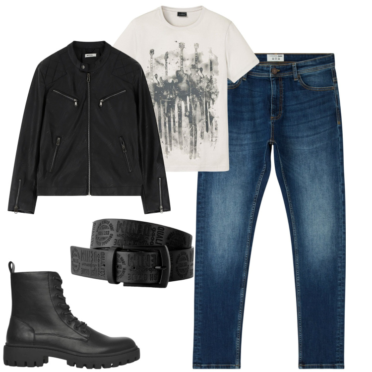 Outfit uomo - Settembre. Stile Biker Rock per Serata speciale. Abbinamento con t-shirt, cinture, jeans skinny, anfibi, giacche.
