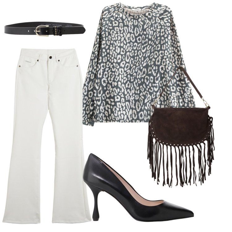 Outfit donna - Una cena tra amiche. Stile Casual per Tutti i giorni. Abbinamento con maglieria, cinture, pantaloni, décolleté, borse a tracolla.