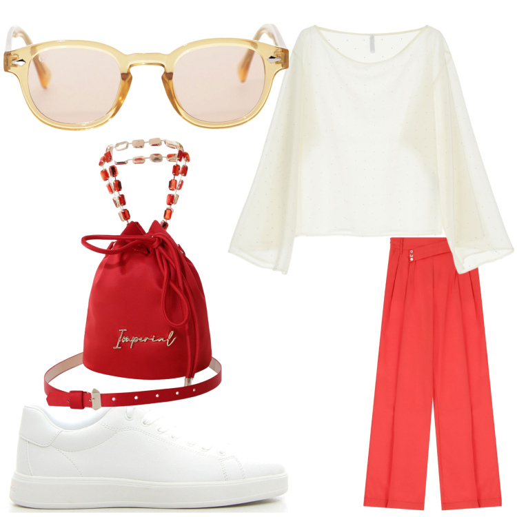 Outfit donna - Settembre. Stile Casual chic per Tutti i giorni. Abbinamento con pantaloni, borse a secchiello, occhiali da sole, camicie, sneakers.