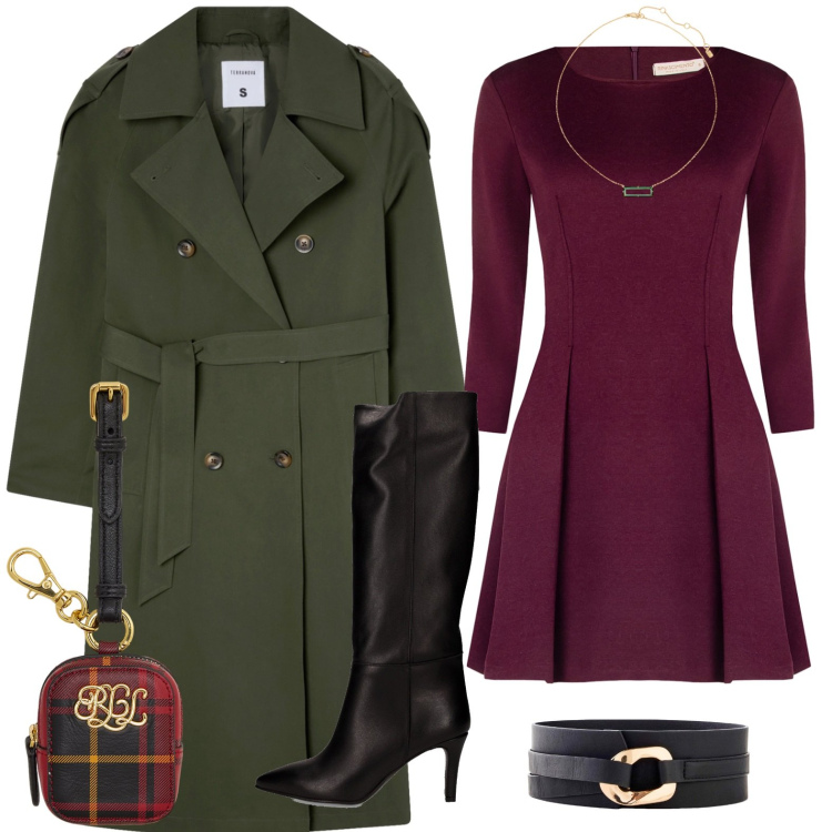 Outfit donna - Ta ta tartaaaan. Stile Casual chic per Ufficio. Abbinamento con cinture, trench, vestiti corti, collane, pochette, stivali.