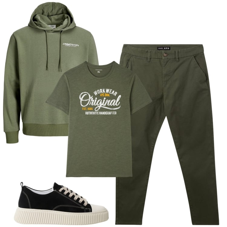 Outfit uomo - Total look #2247785. Stile Casual per Tutti i giorni. Abbinamento con felpe con cappuccio, t-shirt, pantaloni chino, sneakers.