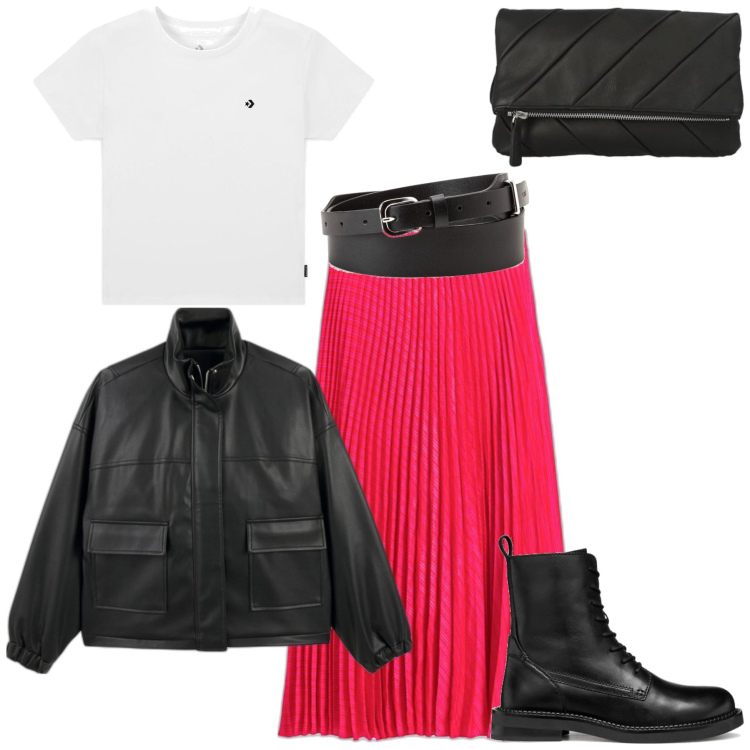 Outfit mujer - Urban #5501. Estilo Urban para Todos los días. Combinación con bandoleras, faldas, camiseta, blazers, botines, cinturones.