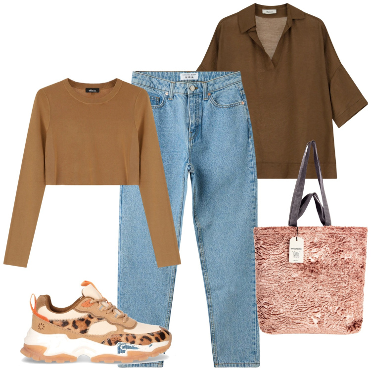 Outfit donna - Casual per una gita fuori porta. Stile Casual chic per Tutti i giorni. Abbinamento con jeans mom, borse tote, pullovers, bluse, sneakers alte.