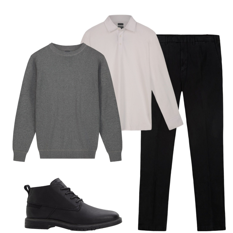 Outfit uomo - City. Stile Urban per Tutti i giorni. Abbinamento con stivali e stivaletti, pantaloni, polo, maglieria.