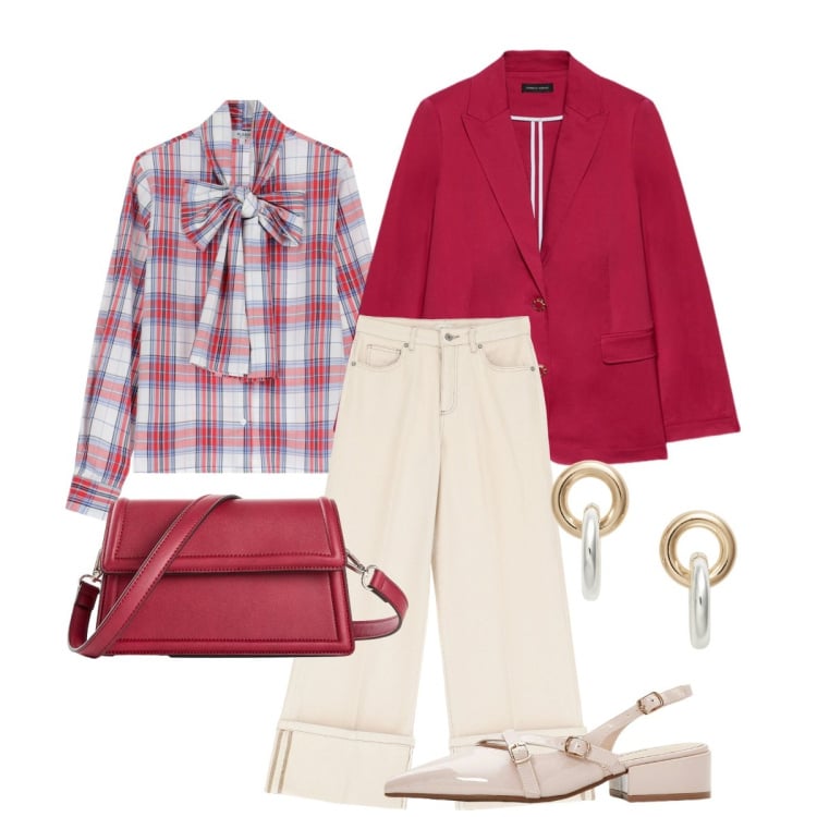 Outfit donna - Settembre tartan. Stile Chic per Tutti i giorni. Abbinamento con borse a tracolla, décolleté, camicie, pantaloni, orecchini, blazer.