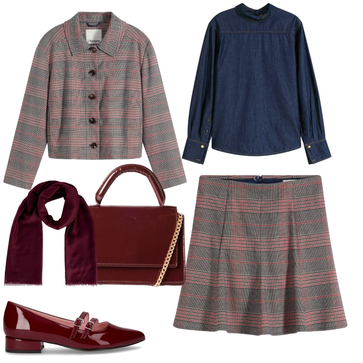 Outfit donna - City. Stile Trendy per Tutti i giorni. Abbinamento con minigonne, cappotti, camicie, borse a tracolla, foulard, ballerine.
