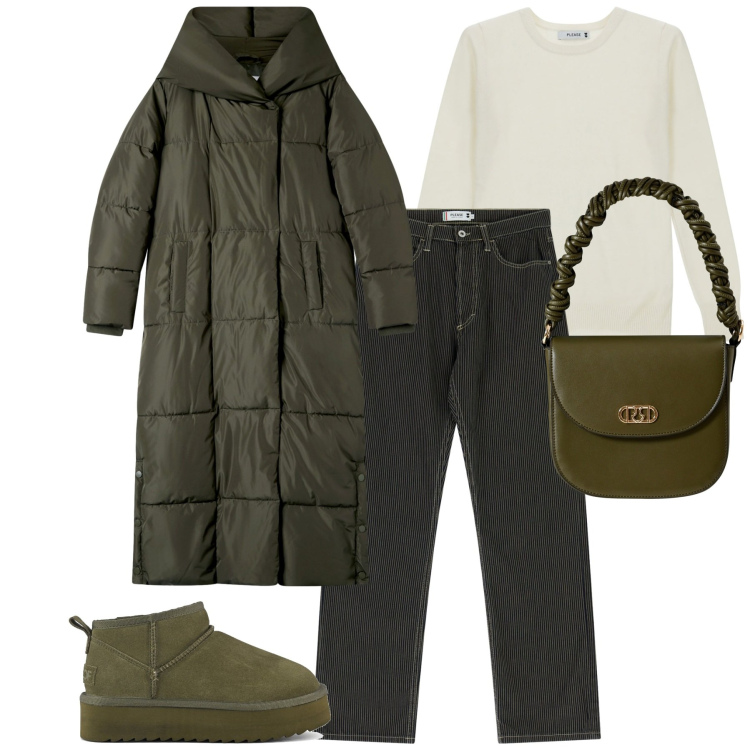 Outfit donna - Primi freddi. Stile Casual per Tutti i giorni. Abbinamento con cappotti, borse a mano, pantaloni, maglieria, stivaletti.
