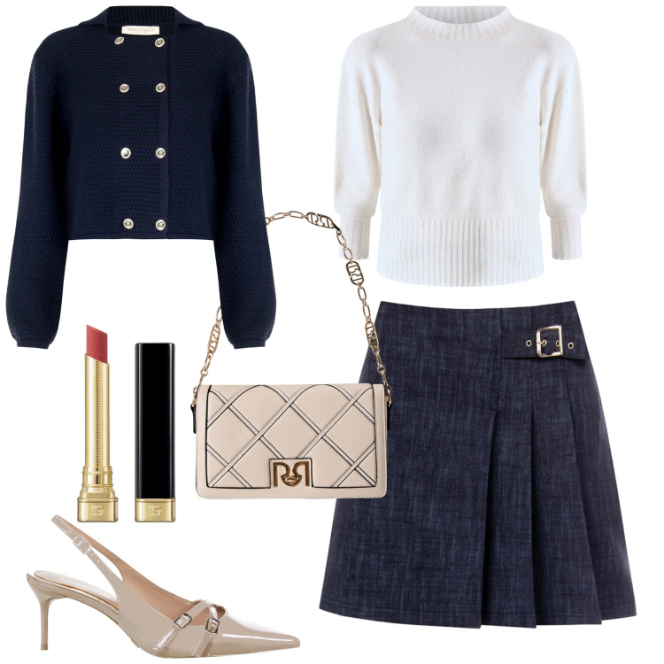 Outfit donna - Settembre. Stile Bon Ton per Tutti i giorni. Abbinamento con rossetti, maglieria, minigonne, borse a tracolla, décolleté, blazer.