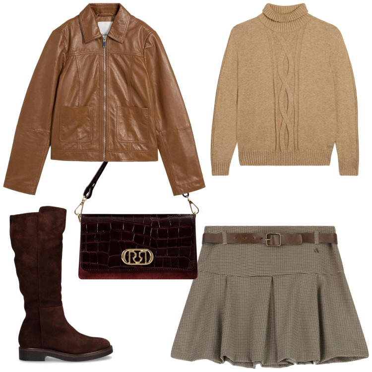 Outfit donna - Look di tendenza. Stile Glamour per Tutti i giorni. Abbinamento con giacche, borse a mano, maglieria, minigonne, stivali.