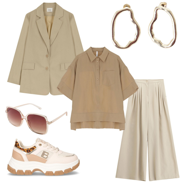 Outfit donna - Colori minimal. Stile Minimal per Ufficio. Abbinamento con occhiali da sole, pantaloni a palazzo, camicie a manica corta, blazer, orecchini, sneakers.