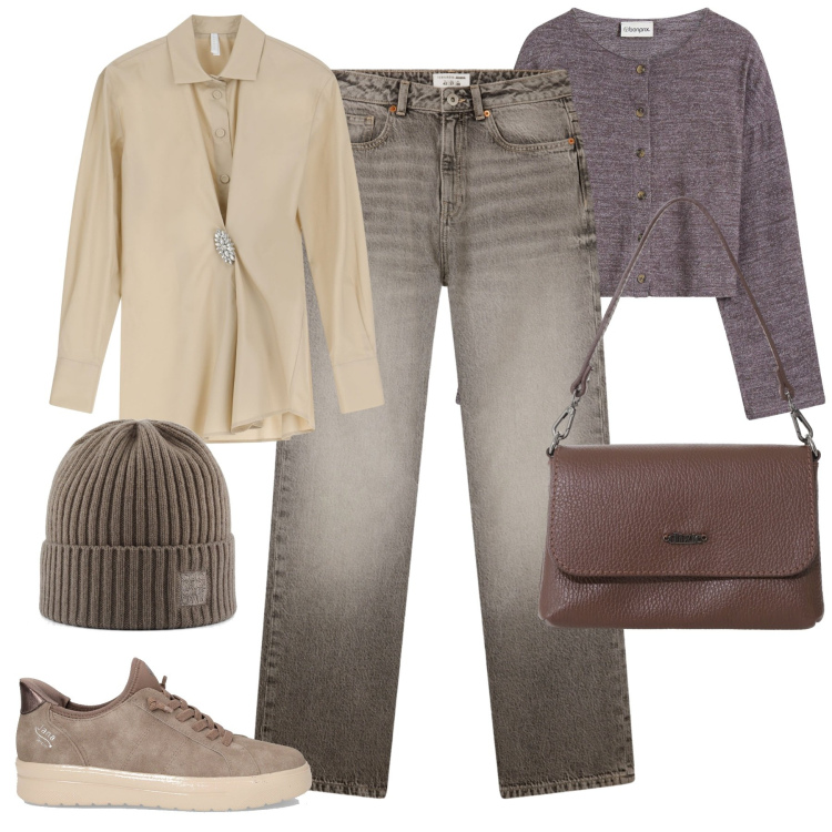 Outfit donna - Fall. Stile Casual chic per Tutti i giorni. Abbinamento con cardigans, jeans dritti, camicie, borse a tracolla, sneakers, berretti.