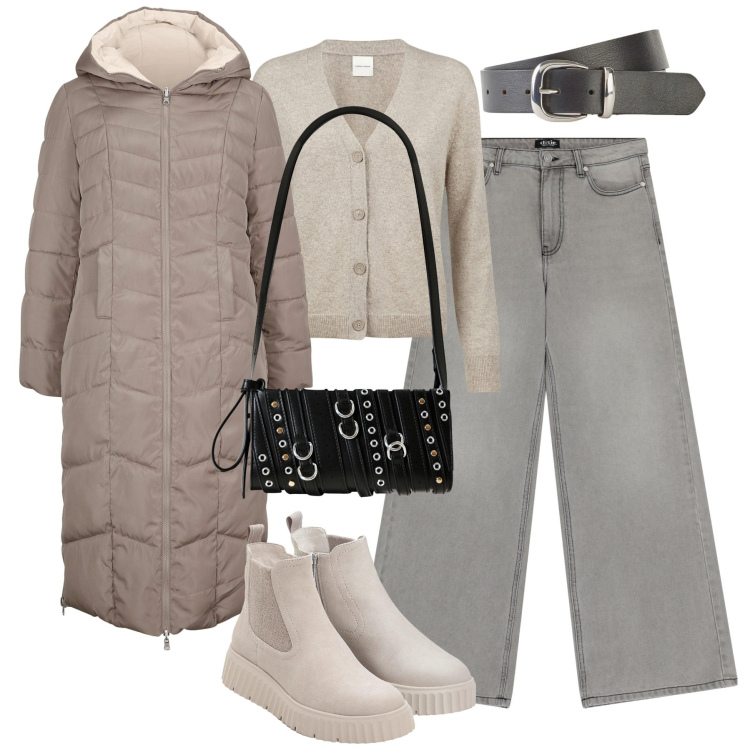 Outfit donna - Rain. Stile Basic per Tutti i giorni. Abbinamento con blazer, stivaletti, cinture, borse a spalla, jeans, cardigans.