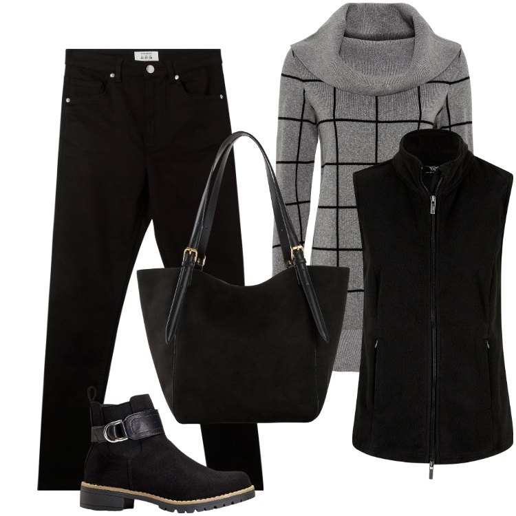 Outfit donna - Total look #2247815. Stile Basic per Scuola/Università. Abbinamento con gilet, stivaletti, maglieria, shopping bag, pantaloni skinny.