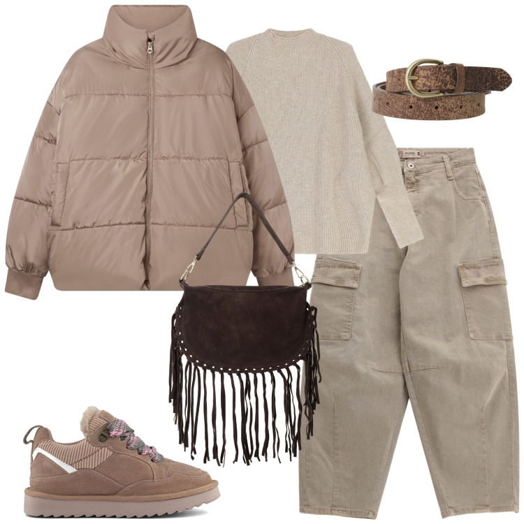 Outfit donna - City. Stile Casual chic per Tutti i giorni. Abbinamento con bomber, pantaloni chino, borse a tracolla, cinture, maglieria, sneakers alte.