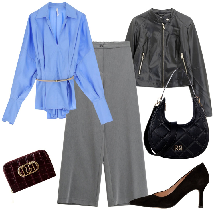 Outfit donna - Settembre. Stile Urban per Tutti i giorni. Abbinamento con borse a tracolla, portafogli, camicie, giacche, pantaloni a palazzo, décolleté.