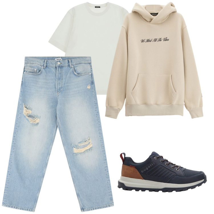 Outfit uomo - City. Stile Casual per Tutti i giorni. Abbinamento con sneakers, jeans strappati, t-shirt, felpe con cappuccio.