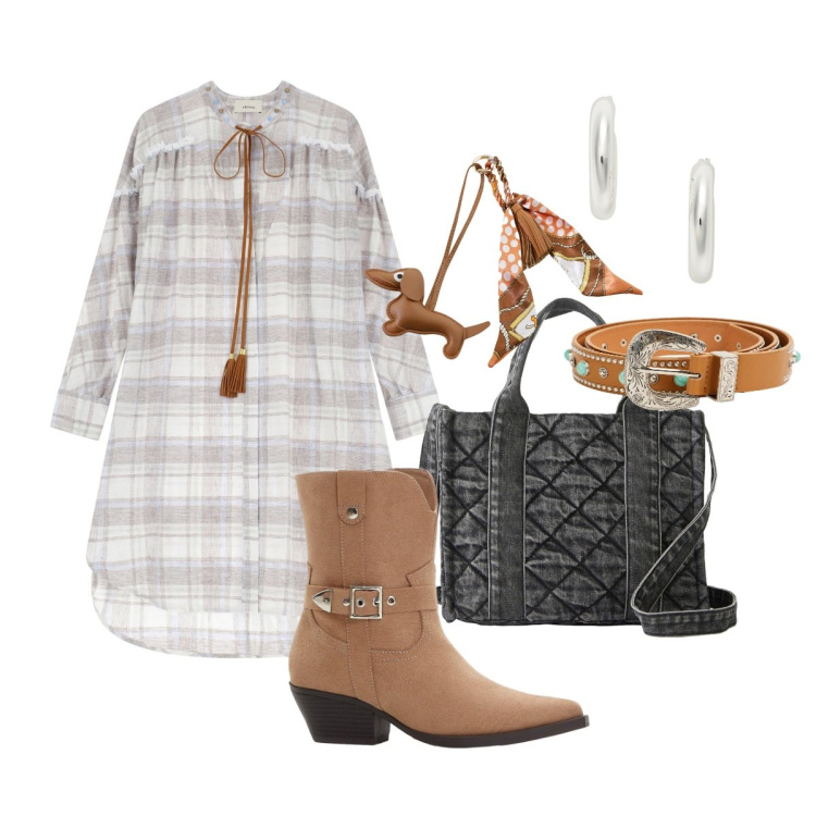 Outfit donna - Il Tartan piace anche ai 4 zampe⁠♡. Stile Boho per Tutti i giorni. Abbinamento con borse a mano, stivaletti texani, cinture, vestiti, portachiavi, orecchini.