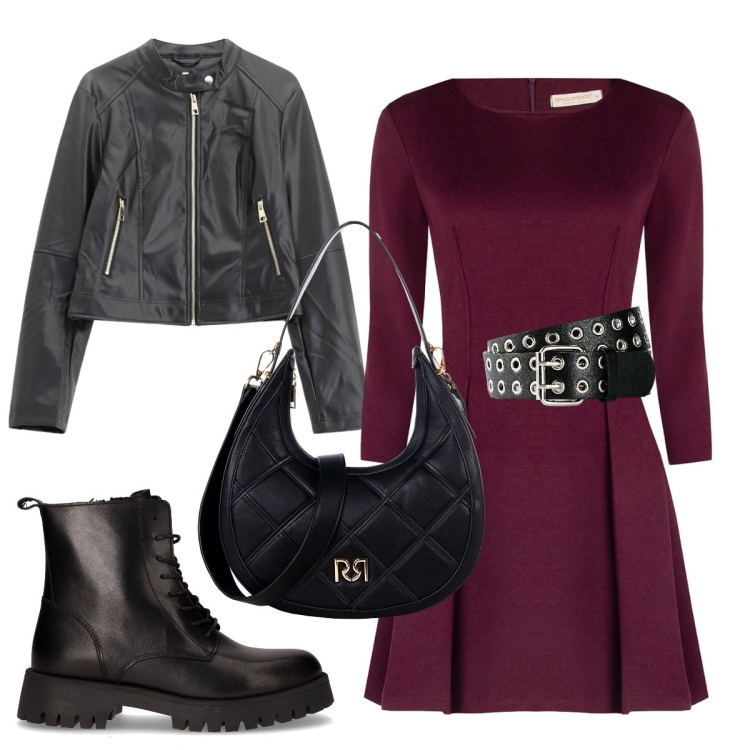 Outfit donna - Mix di stili. Stile Rock per Tutti i giorni. Abbinamento con cinture, vestiti corti, borse a tracolla, giacche, anfibi.