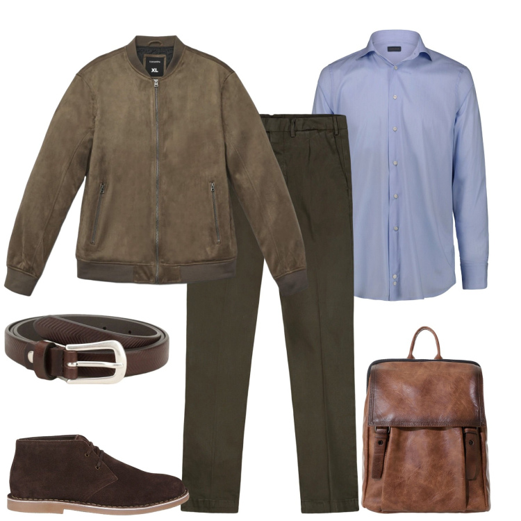 Outfit uomo - Fall. Stile Urban per Tutti i giorni. Abbinamento con giacche, cinture, borse sportive, pantaloni, camicie, stivali e stivaletti.