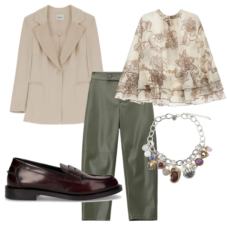 Outfit donna - Total look #2247833. Stile Chic per Ufficio. Abbinamento con camicie, pantaloni, braccialetti con ciondoli, blazer, mocassini.