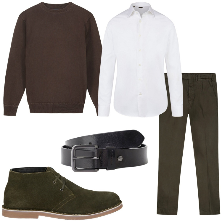 Outfit uomo - Stile verde. Stile Trendy per Tutti i giorni. Abbinamento con cinture, camicie, pantaloni, stivali e stivaletti, maglieria.