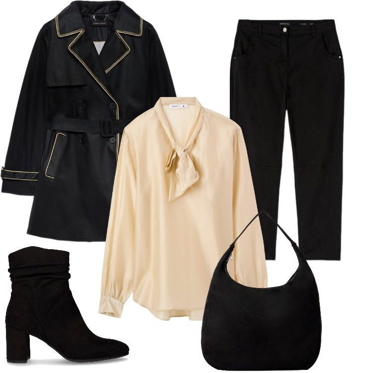 Outfit donna - Total look #2247835. Stile Casual per Ufficio. Abbinamento con bluse, borse a mano, trench, pantaloni, stivaletti.