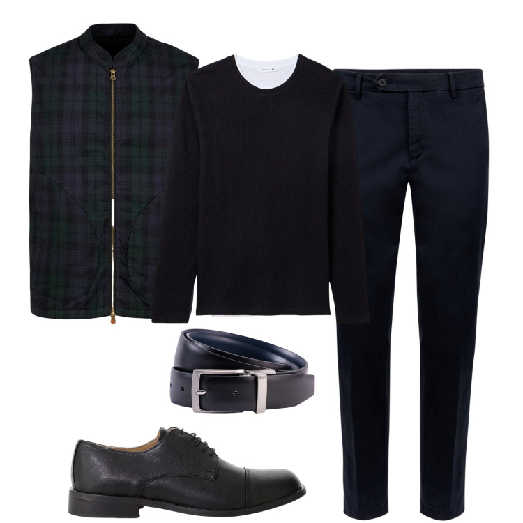 Outfit uomo - Fall. Stile Urban per Tutti i giorni. Abbinamento con maglieria, scarpe stringate, pantaloni chino, piumini, cinture.