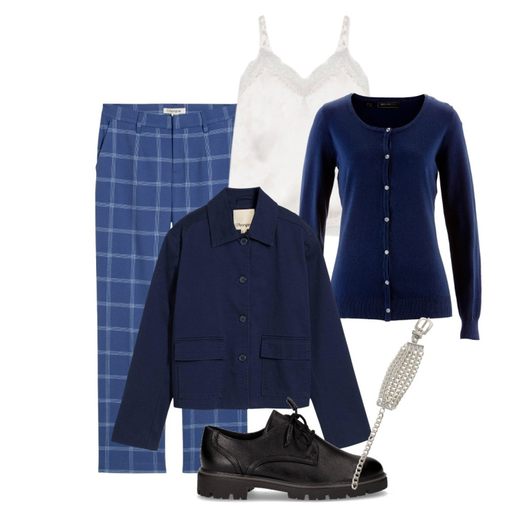 Outfit donna - Il blu di Giorgio Armani. Stile Chic per Tutti i giorni. Abbinamento con cardigans, pantaloni chino, blazer, anelli, canottiere, scarpe stringate.