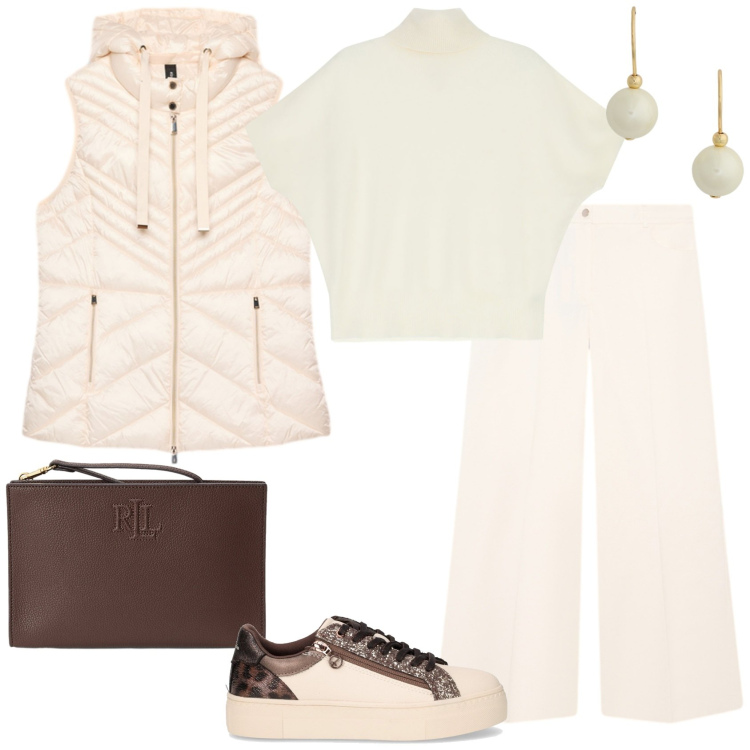 Outfit donna - Autumn minimal chic. Stile Minimal per Tutti i giorni. Abbinamento con maglieria, pochette, orecchini, piumini, sneakers, pantaloni a palazzo.