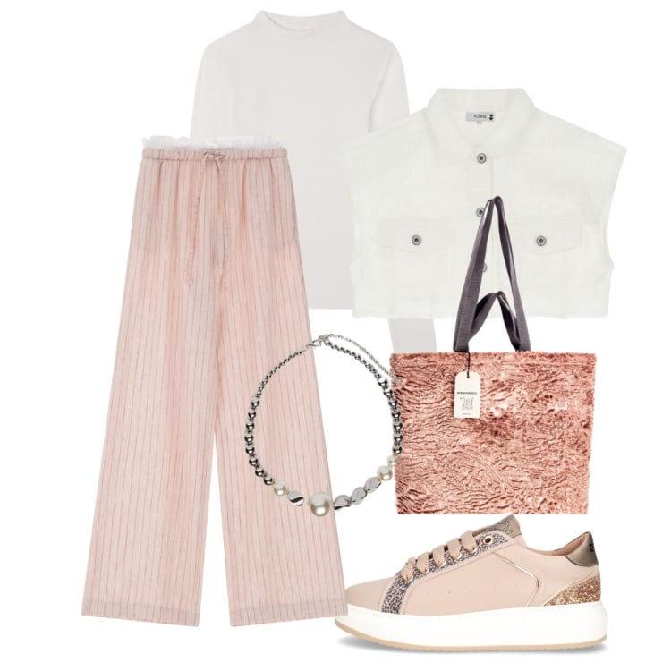 Outfit donna - Settembre= vestire a strati. Stile Casual chic per Tutti i giorni. Abbinamento con t-shirt, borse tote, gilet, pantaloni, sneakers, collane.