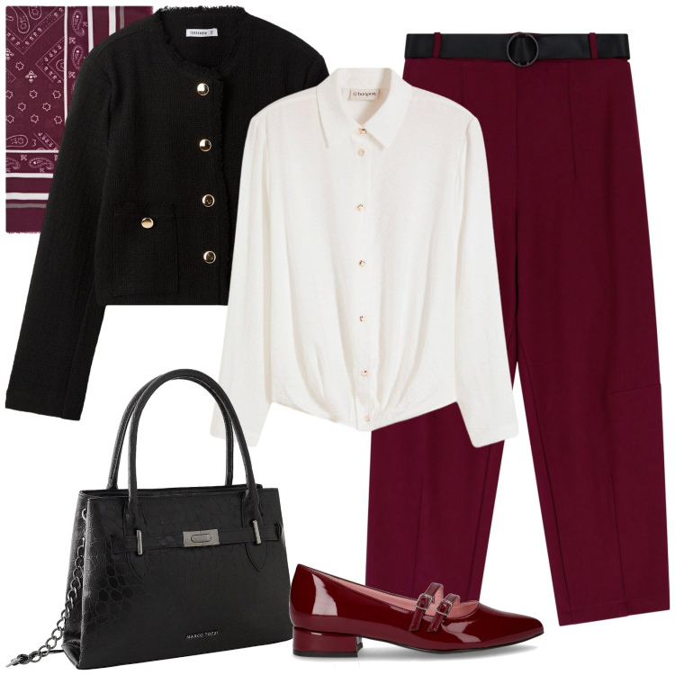 Outfit donna - Bordeaux mood. Stile Casual chic per Ufficio. Abbinamento con camicie, borse a mano, blazer, pantaloni, ballerine, foulard.