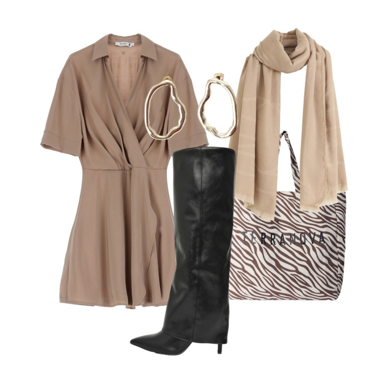 Outfit donna - I drappeggi sanno d\'autunno. Stile Glamour per Tutti i giorni. Abbinamento con sciarpe, borse tote, stivali, vestiti corti, orecchini.