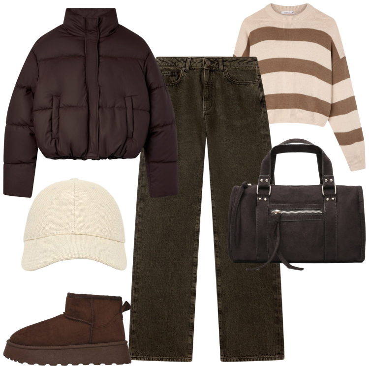 Outfit donna - City. Stile Casual per Tutti i giorni. Abbinamento con jeans dritti, maglieria, bomber, cappelli con visiera, borse a mano, stivaletti.