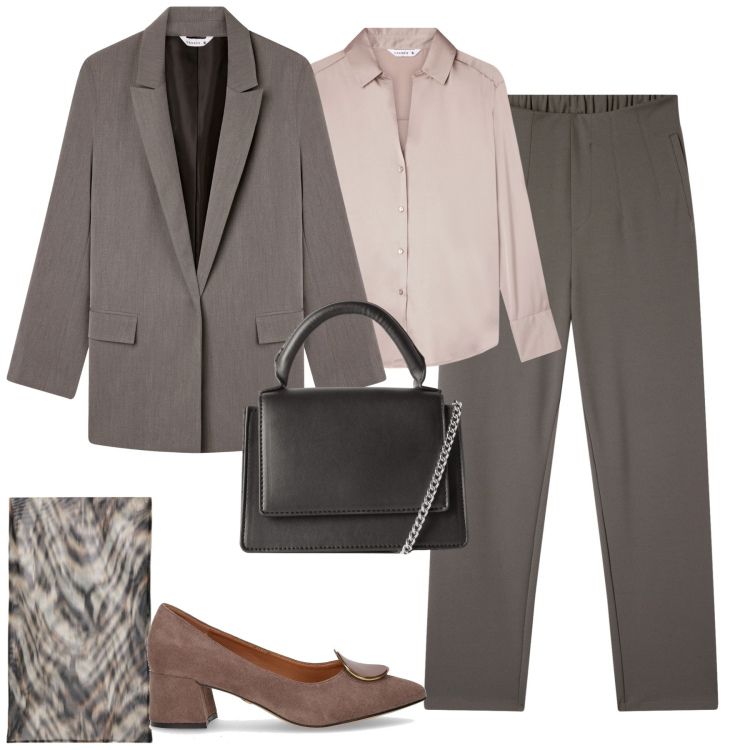 Outfit donna - In ufficio. Stile Minimal per Ufficio. Abbinamento con camicie, blazer, pantaloni chino, borse a tracolla, foulard, décolleté.