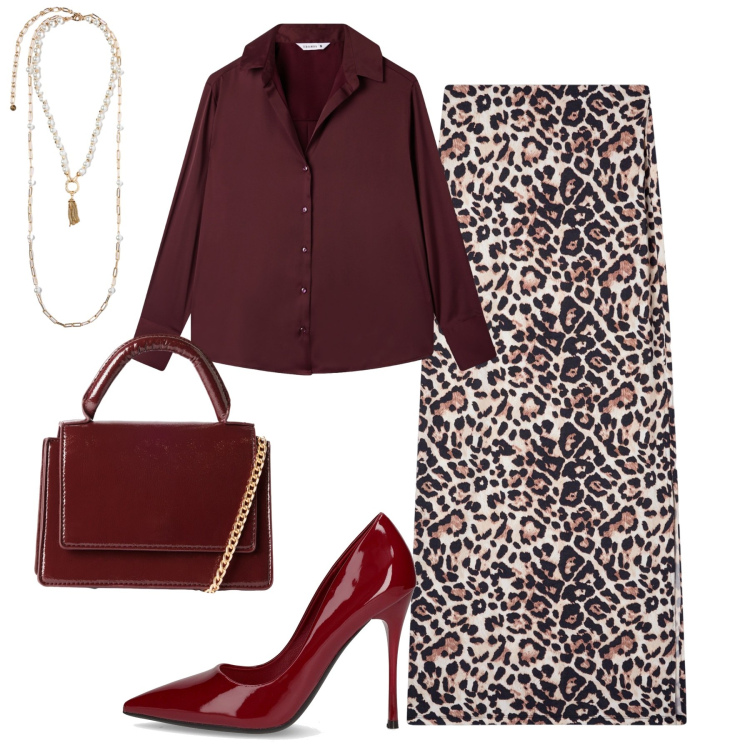 Outfit donna - Serata. Stile Glamour per Serata fuori. Abbinamento con camicie, gonne lunghe, borse a tracolla, décolleté, collane.