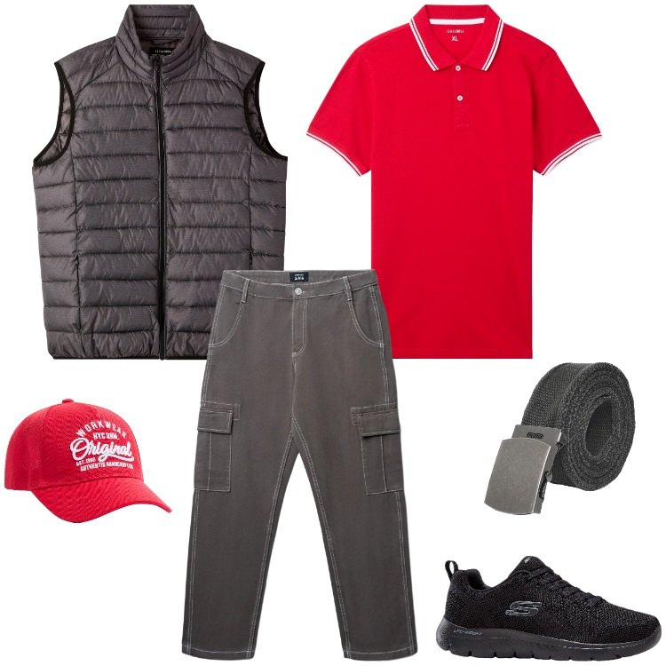 Outfit uomo - OUTFIT AGENZIA DI SICUREZZA_guardiani. Stile Urban per Tutti i giorni. Abbinamento con sneakers, cappelli, polo, cinture, pantaloni cargo, piumini.