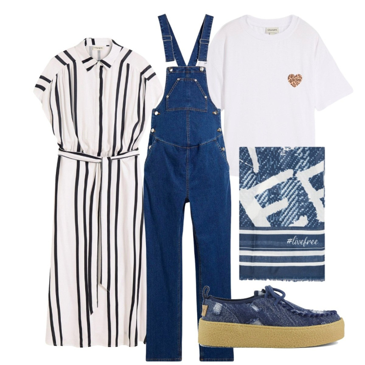 Outfit donna - Sovrapporre è creatività. Stile Urban per Tutti i giorni. Abbinamento con salopette, t-shirt, vestiti, mocassini, foulard.
