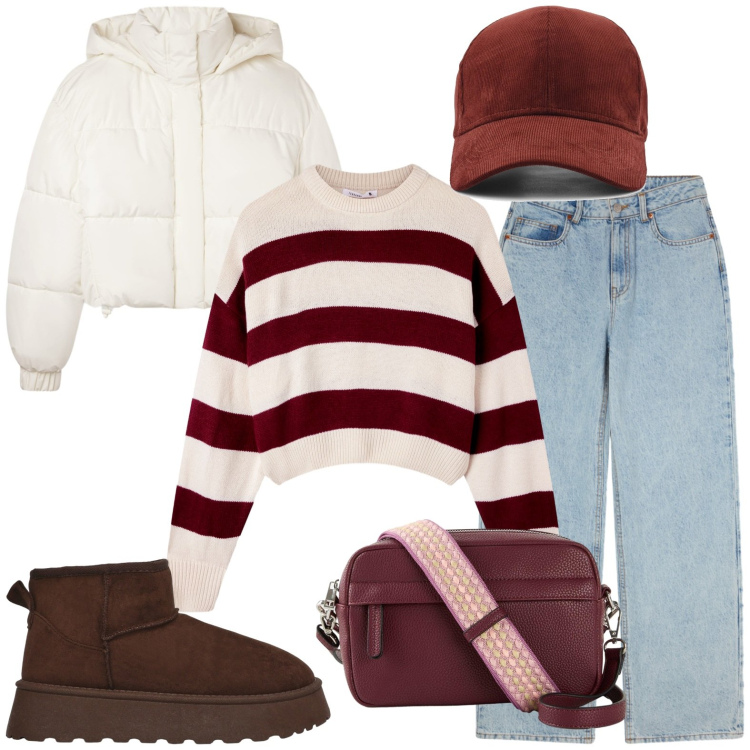 Outfit donna - Cinema?. Stile Urban per Tutti i giorni. Abbinamento con borse a tracolla, maglieria, jeans, bomber, stivaletti, cappelli.