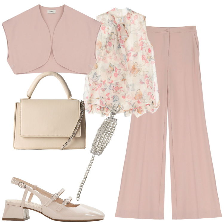 Outfit donna - Settembre. Stile Romantica per Cerimonia. Abbinamento con décolleté, borse a tracolla, pantaloni, camicie, gilet, anelli.