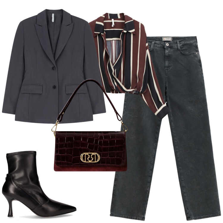 Outfit donna - City. Stile Urban per Tutti i giorni. Abbinamento con borse a mano, jeans dritti, camicie, blazer, stivaletti.