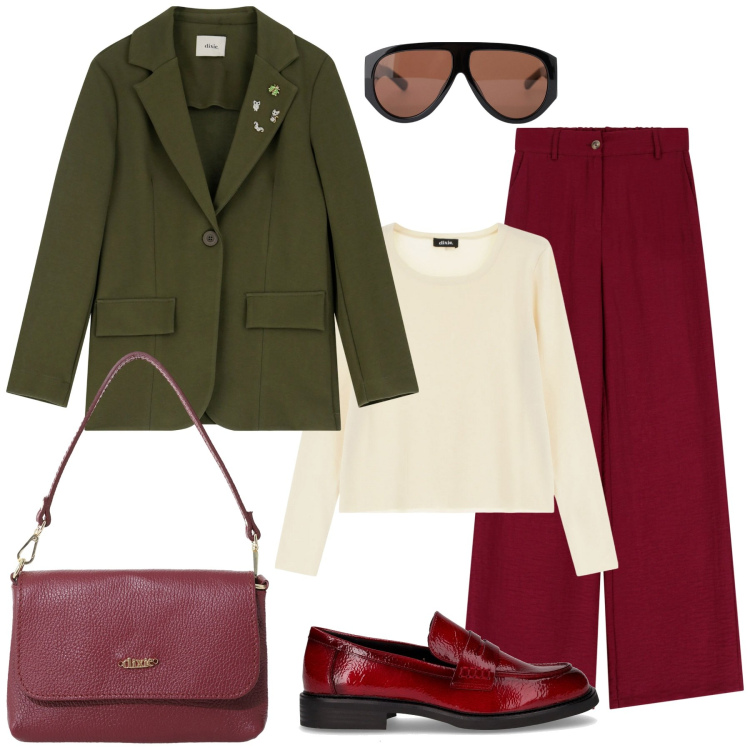 Outfit donna - Dixie autunno. Stile Casual per Ufficio. Abbinamento con occhiali da sole, blazer, pullovers, borse a tracolla, pantaloni, mocassini.