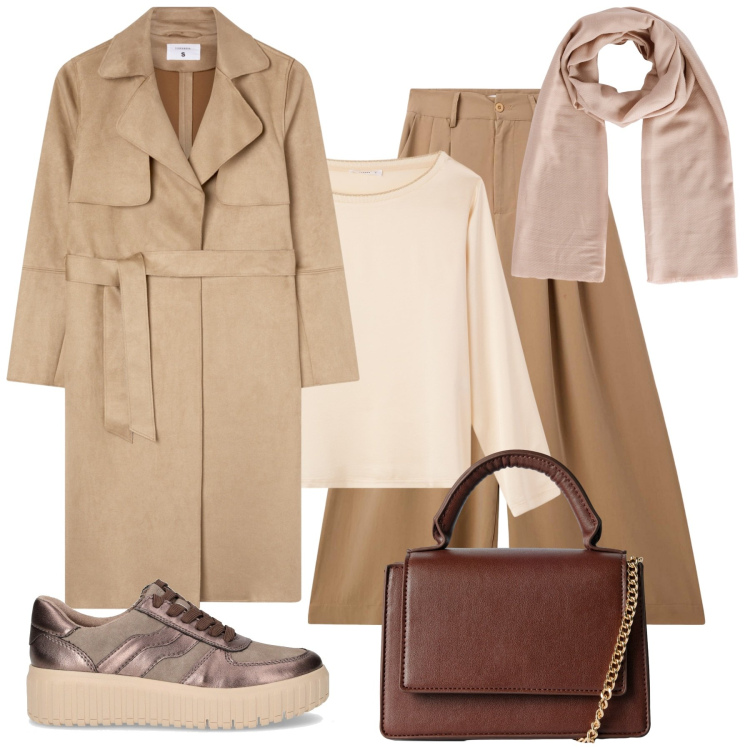 Outfit donna - Terranova - New Collection. Stile Casual chic per Ufficio. Abbinamento con pantaloni, trench, borse a tracolla, foulard, bluse, sneakers.