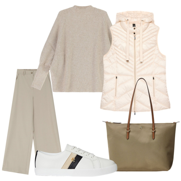 Outfit donna - Minimal chic da mattina a sera. Stile Minimal per Tutti i giorni. Abbinamento con pantaloni a palazzo, maglieria, borse tote, sneakers, piumini.