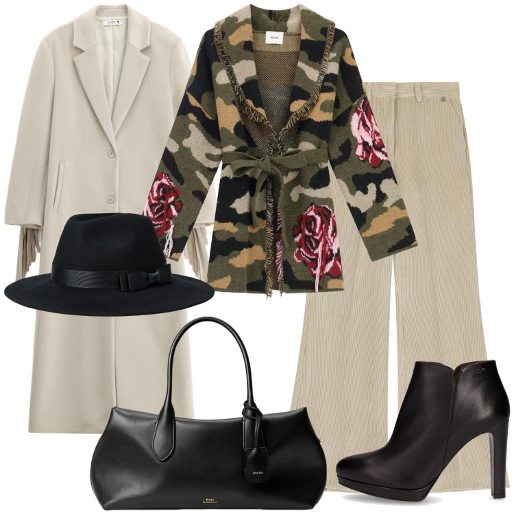 Outfit donna - Il diavolo veste minimal chic. Stile Minimal per Ufficio. Abbinamento con cappotti, cardigans, pantaloni a palazzo, borse a mano, cappelli, stivaletti.