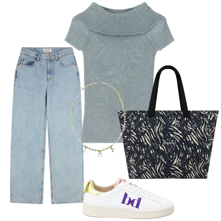 Outfit donna - Comoda in jeans. Stile Casual per Tutti i giorni. Abbinamento con jeans, collane, shopping bag, sneakers, pullovers.