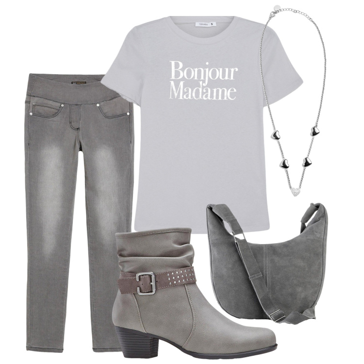 Outfit donna - Per il giorno. Stile Casual per Tutti i giorni. Abbinamento con jeans slim fit, stivaletti, borse a mano, t-shirt, collane.