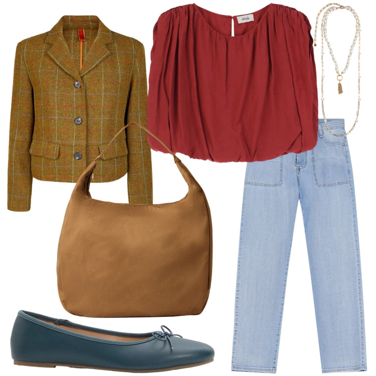 Outfit donna - Blazer mix color. Stile Casual chic per Ufficio. Abbinamento con ballerine, borse a mano, jeans dritti, top, blazer, collane.